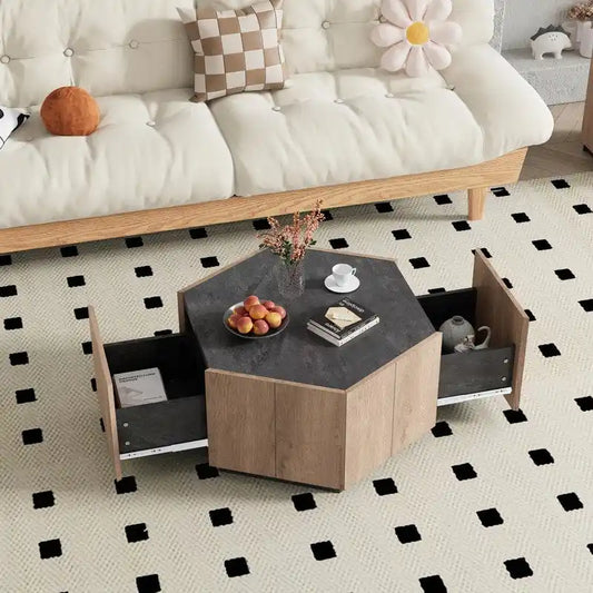 Hexagonal Garden Retro Coffee Table with 2 Drawers