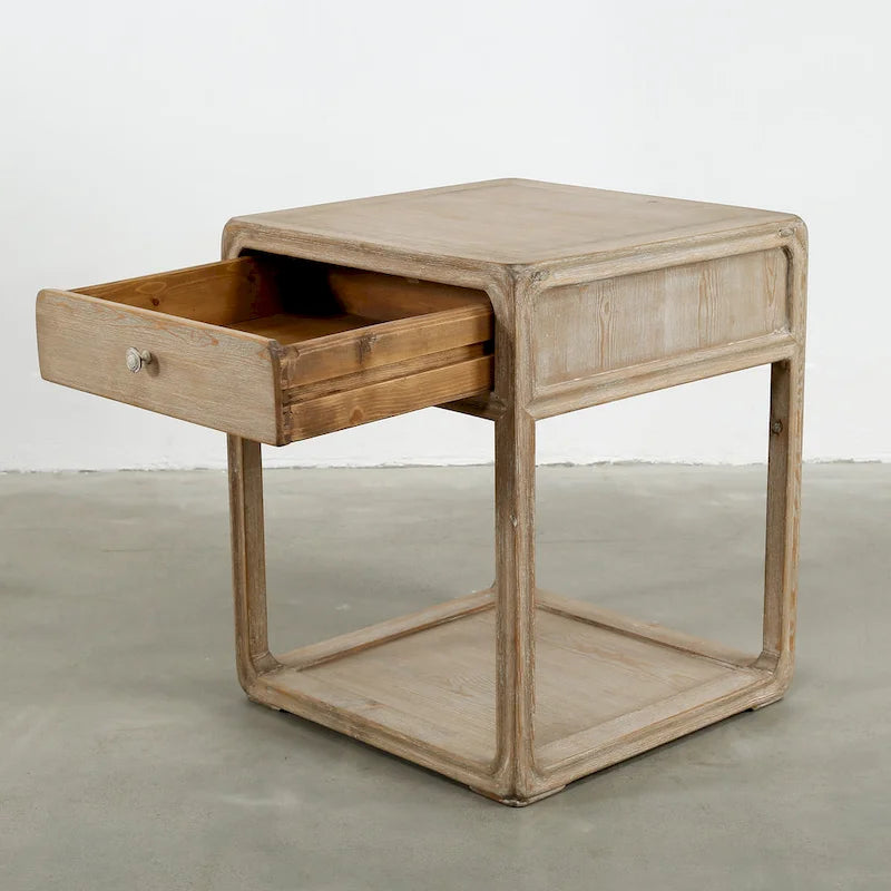 Artissance Peking Square Side Table w/Drawer, 27Inch Tall, White Wash