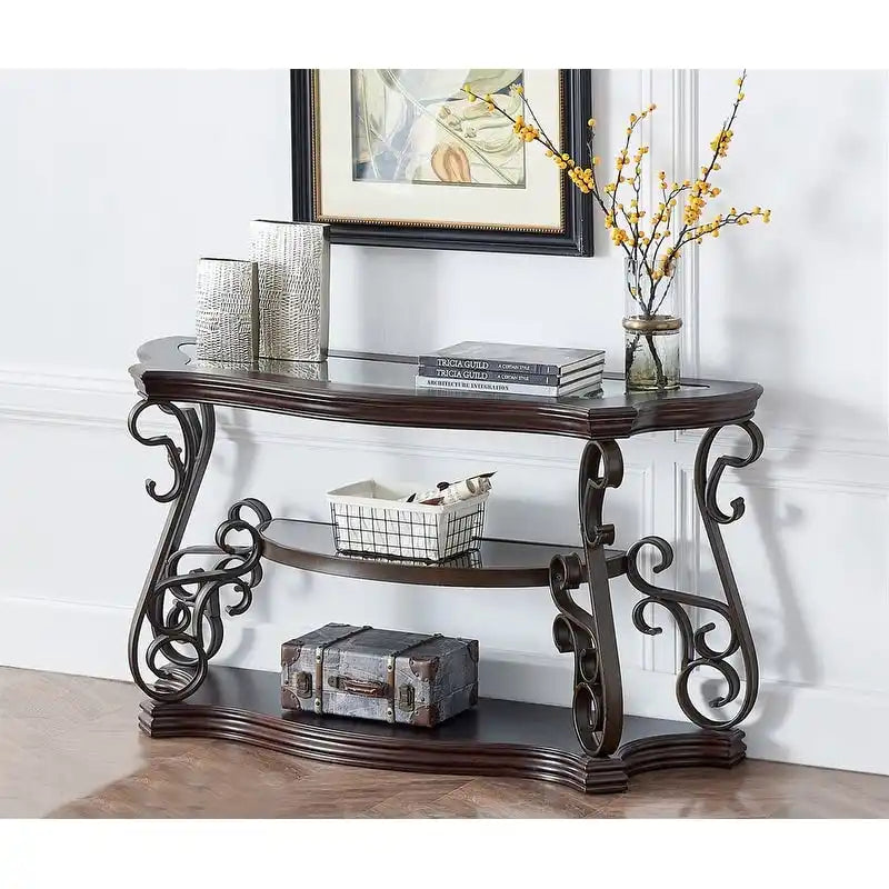 Traditional control table tempered glass top and middle shelf, retro living room foyer hallway entrance table