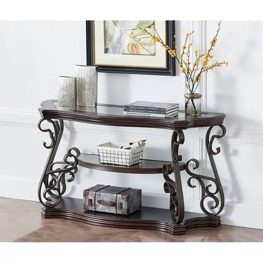 Traditional control table tempered glass top and middle shelf, retro living room foyer hallway entrance table