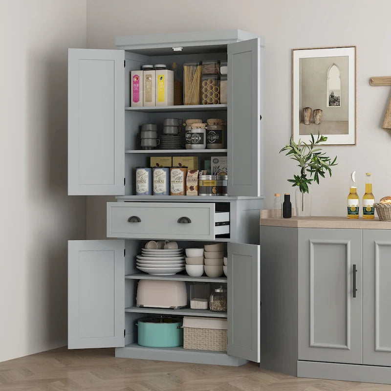 HOMCOM 72 Freestanding Kitchen Pantry Cabinet, Tall Storage Cabinet with 2 Door Cupboards, Drawer and Adjustable Shelves