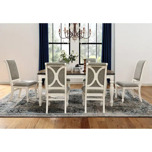 Roundhill Furniture Belleza French Country 7-Piece Dining Set in Antique White and Weathered Oak Finish