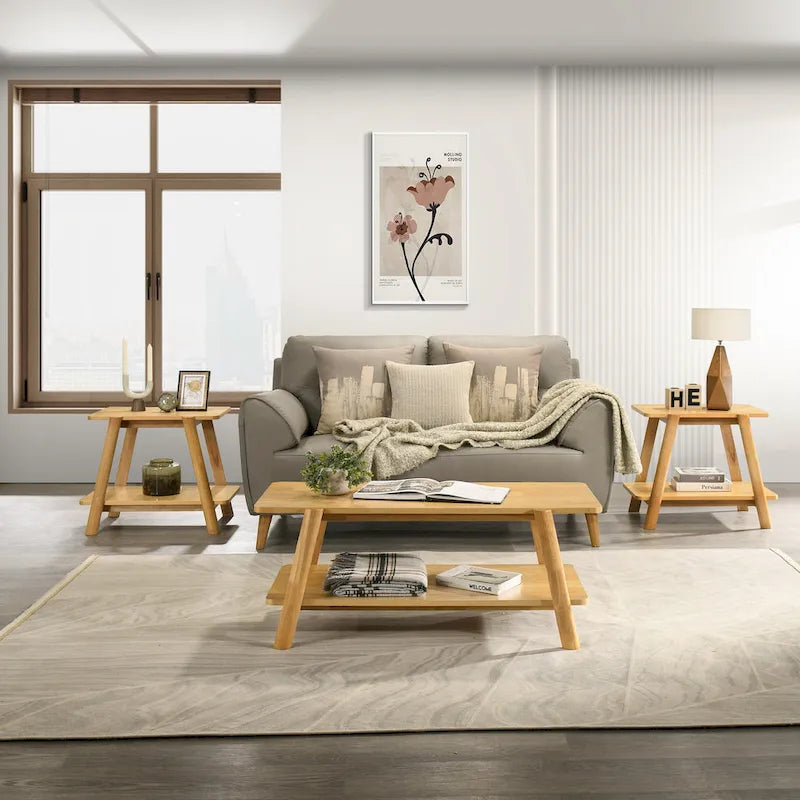 Roundhill Furniture Metz Mid-Century Wood Shelf 3-Piece Coffee Table Set