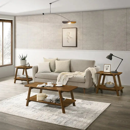 Roundhill Furniture Metz Mid-Century Wood Shelf 3-Piece Coffee Table Set