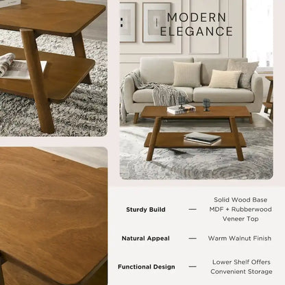 Roundhill Furniture Metz Mid-Century Wood Shelf 3-Piece Coffee Table Set