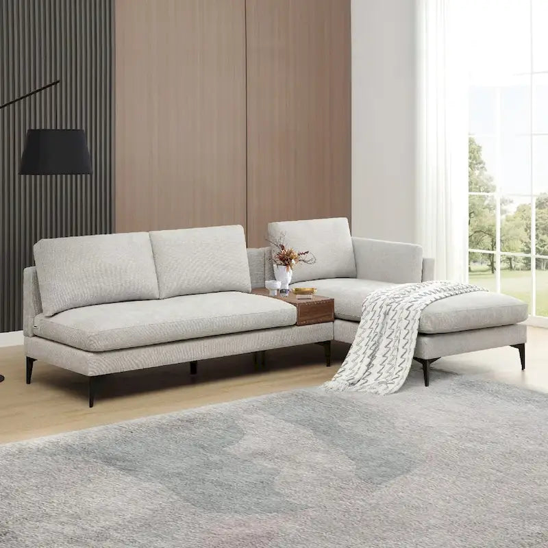 Modular L-shaped Sofa With a Reversible Design and Built-in Wooden Decorative Box