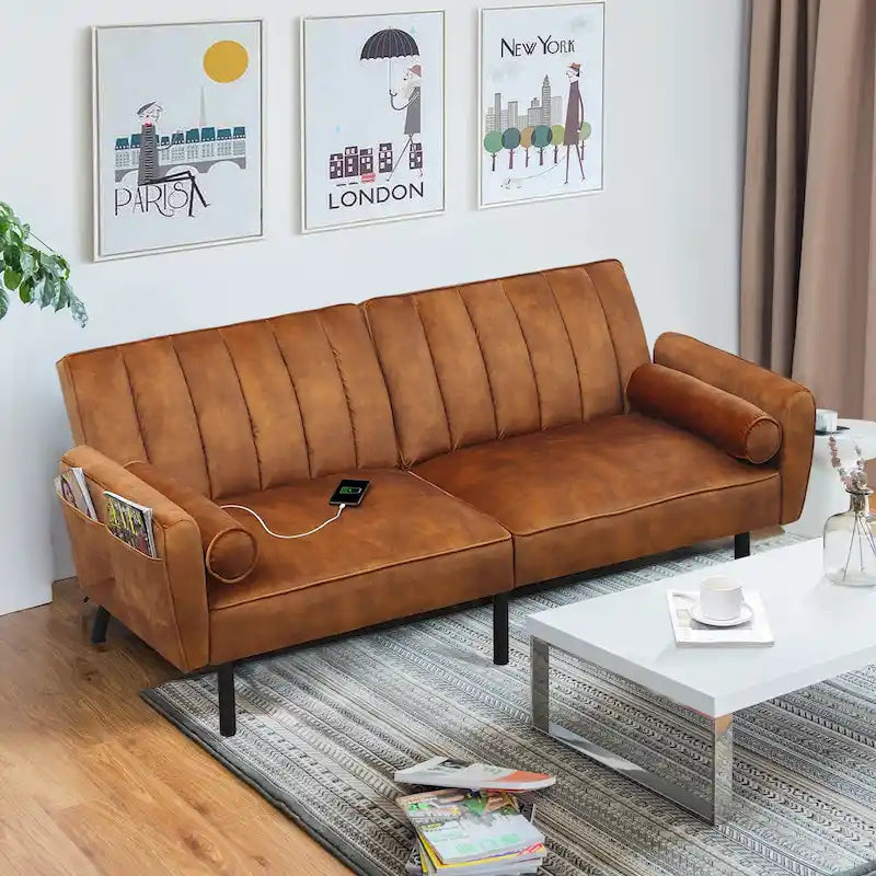 Velvet Loveseat Sleeper Sofa Convertible Futon Couch with USB, Loveseat Coach for Dorm, Apartment, Bonus Room - 2-Person