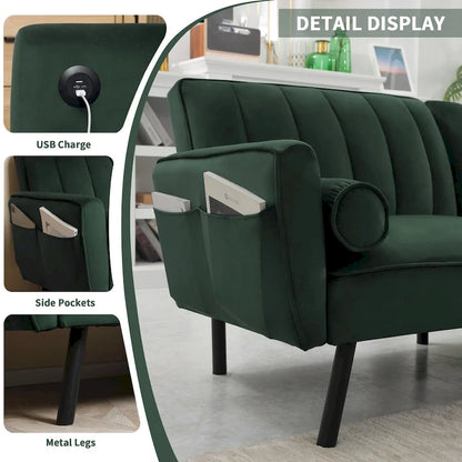 Velvet Loveseat Sleeper Sofa Convertible Futon Couch with USB, Loveseat Coach for Dorm, Apartment, Bonus Room - 2-Person
