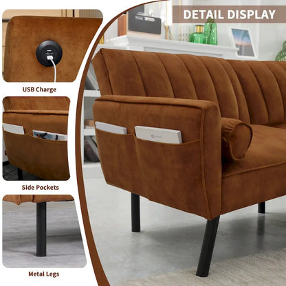 Velvet Loveseat Sleeper Sofa Convertible Futon Couch with USB, Loveseat Coach for Dorm, Apartment, Bonus Room - 2-Person