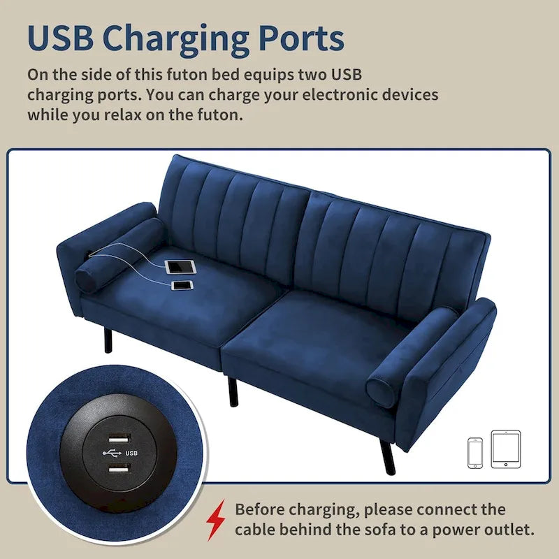 Velvet Loveseat Sleeper Sofa Convertible Futon Couch with USB, Loveseat Coach for Dorm, Apartment, Bonus Room - 2-Person