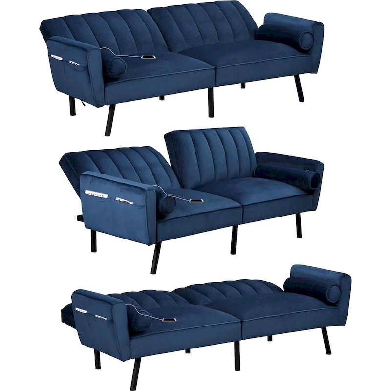 Velvet Loveseat Sleeper Sofa Convertible Futon Couch with USB, Loveseat Coach for Dorm, Apartment, Bonus Room - 2-Person