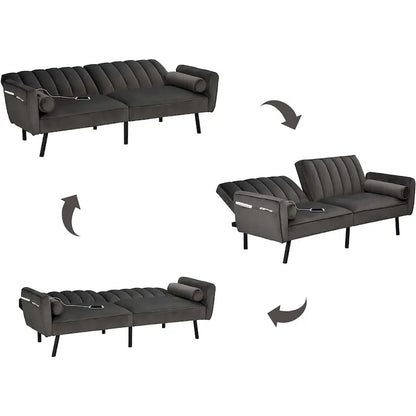 Velvet Loveseat Sleeper Sofa Convertible Futon Couch with USB, Loveseat Coach for Dorm, Apartment, Bonus Room - 2-Person