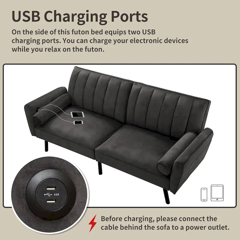 Velvet Loveseat Sleeper Sofa Convertible Futon Couch with USB, Loveseat Coach for Dorm, Apartment, Bonus Room - 2-Person