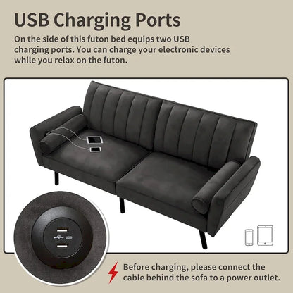 Velvet Loveseat Sleeper Sofa Convertible Futon Couch with USB, Loveseat Coach for Dorm, Apartment, Bonus Room - 2-Person