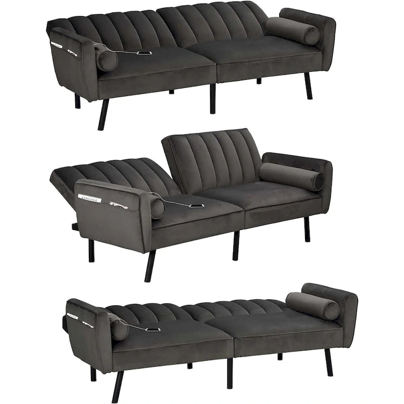 Velvet Loveseat Sleeper Sofa Convertible Futon Couch with USB, Loveseat Coach for Dorm, Apartment, Bonus Room - 2-Person