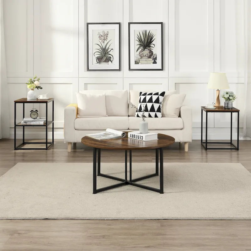 Myhozm 3-piece Round Coffee and Side Table Set with Open Shelves