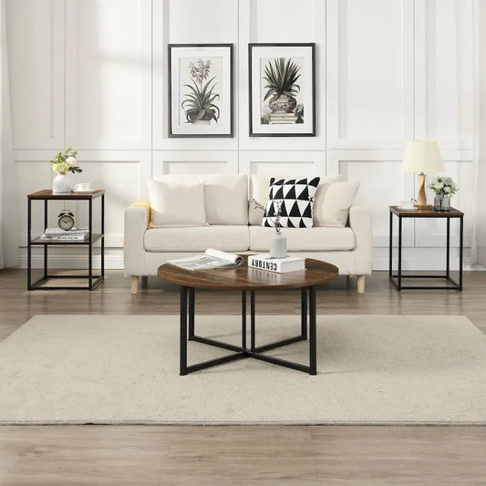 Myhozm 3-piece Round Coffee and Side Table Set with Open Shelves