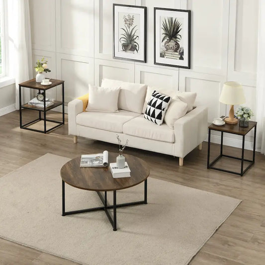 Myhozm 3-piece Round Coffee and Side Table Set with Open Shelves