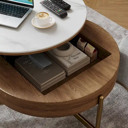 Modern Coffee Table, Lifting-top Round Coffee Table with Storage, Sintered Stone Top, Carbon Steel Legs