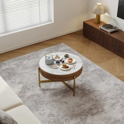 Modern Coffee Table, Lifting-top Round Coffee Table with Storage, Sintered Stone Top, Carbon Steel Legs