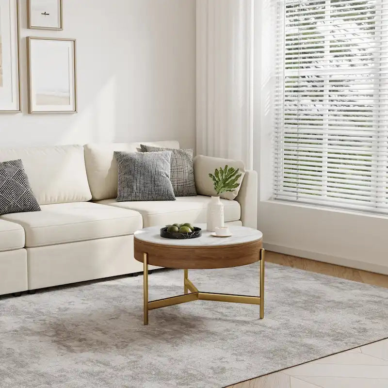 Modern Coffee Table, Lifting-top Round Coffee Table with Storage, Sintered Stone Top, Carbon Steel Legs