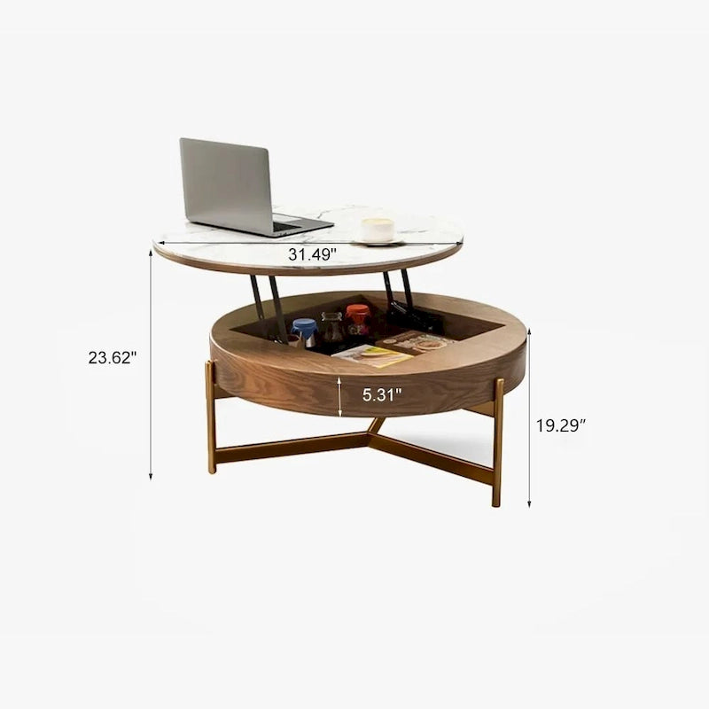 Modern Coffee Table, Lifting-top Round Coffee Table with Storage, Sintered Stone Top, Carbon Steel Legs