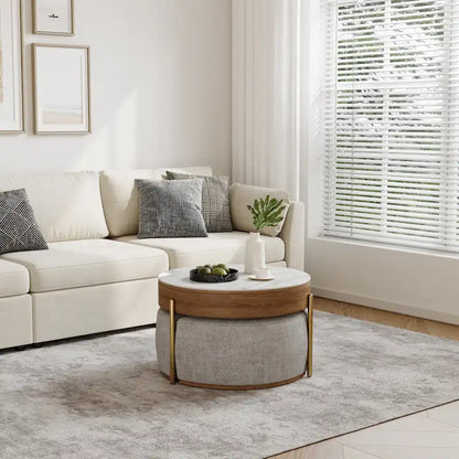 Modern Coffee Table, Lifting-top Round Coffee Table with Storage, Sintered Stone Top, Carbon Steel Legs