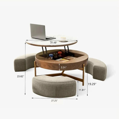 Modern Coffee Table, Lifting-top Round Coffee Table with Storage, Sintered Stone Top, Carbon Steel Legs