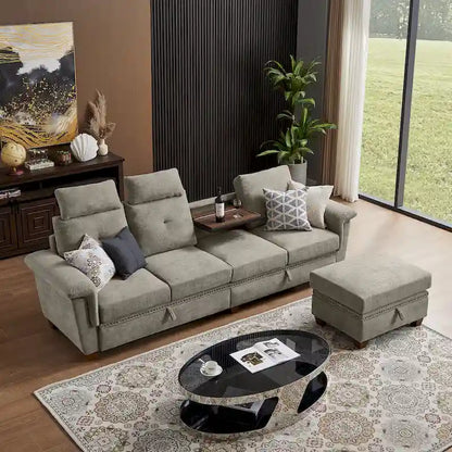 109 Modern 4 Seaters Towelling Sectional Sofa with Hidden Coffee Table Adjustable Headrest and Large Storage Space