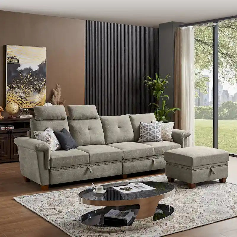 109 Modern 4 Seaters Towelling Sectional Sofa with Hidden Coffee Table Adjustable Headrest and Large Storage Space