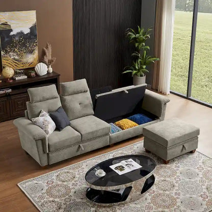 109 Modern 4 Seaters Towelling Sectional Sofa with Hidden Coffee Table Adjustable Headrest and Large Storage Space