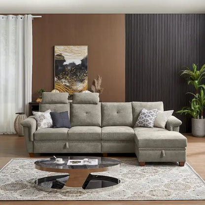 109 Modern 4 Seaters Towelling Sectional Sofa with Hidden Coffee Table Adjustable Headrest and Large Storage Space