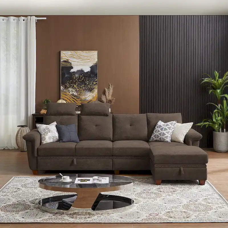 109 Modern 4 Seaters Towelling Sectional Sofa with Hidden Coffee Table Adjustable Headrest and Large Storage Space