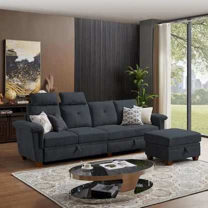 109 Modern 4 Seaters Towelling Sectional Sofa with Hidden Coffee Table Adjustable Headrest and Large Storage Space