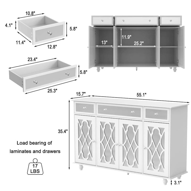 55W Mirrored Credenza Sideboards Buffets Cabinet Bookcase Living Room