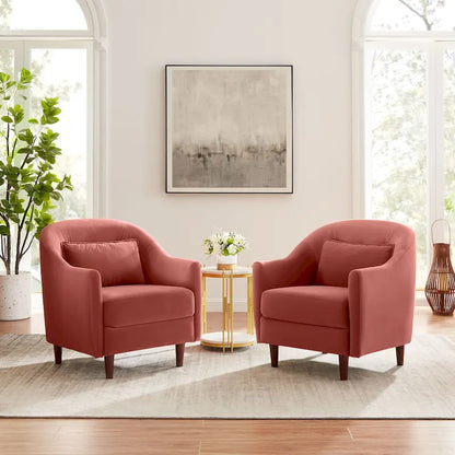 VANOMi 28.34W Set Of 2 Accent Armchair, Velvet Barrel Chair with Solid Wood Legs
