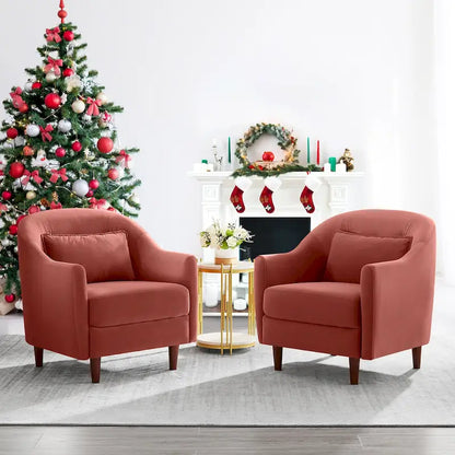VANOMi 28.34W Set Of 2 Accent Armchair, Velvet Barrel Chair with Solid Wood Legs