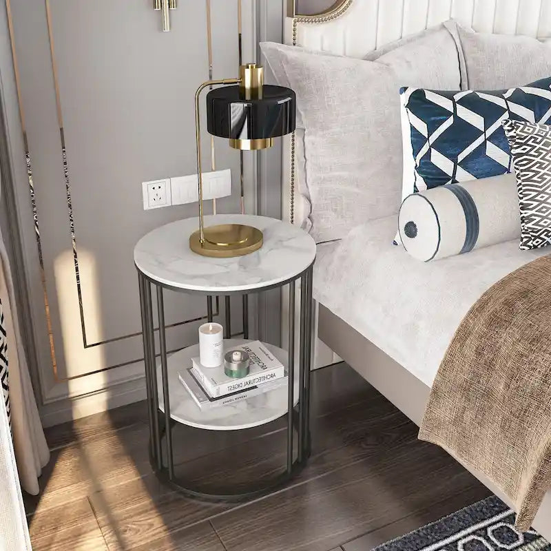 2 Tier Round Sintered Stone End Table Sofa Side Table with Golden Frame