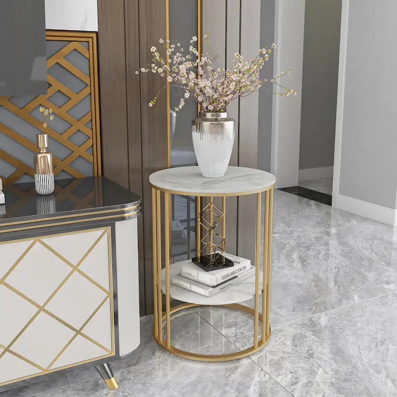 2 Tier Round Sintered Stone End Table Sofa Side Table with Golden Frame