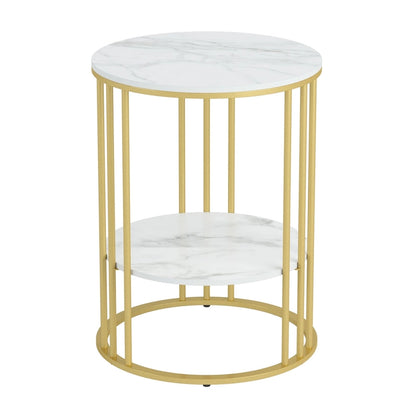 2 Tier Round Sintered Stone End Table Sofa Side Table with Golden Frame