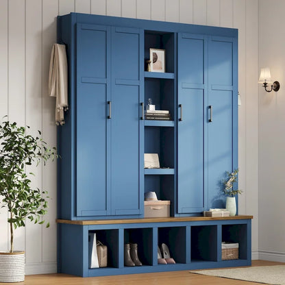 Hall Tree Storage Cabinet with 4/6 Hidden Hooks, Bench, and Open Compartments
