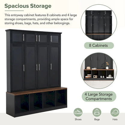 Hall Tree Storage Cabinet with 4/6 Hidden Hooks, Bench, and Open Compartments