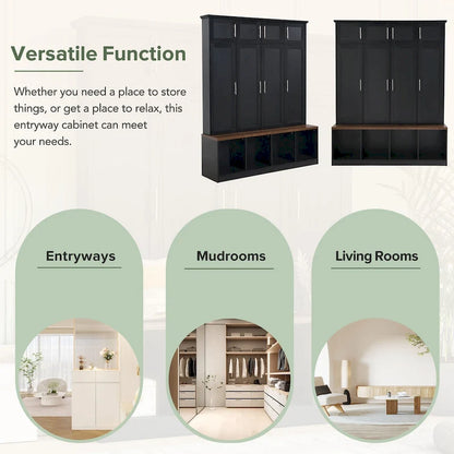 Hall Tree Storage Cabinet with 4/6 Hidden Hooks, Bench, and Open Compartments