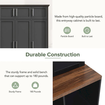 Hall Tree Storage Cabinet with 4/6 Hidden Hooks, Bench, and Open Compartments