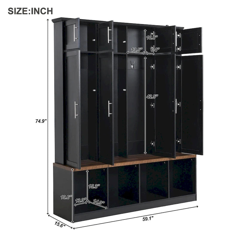 Hall Tree Storage Cabinet with 4/6 Hidden Hooks, Bench, and Open Compartments