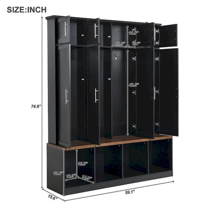 Hall Tree Storage Cabinet with 4/6 Hidden Hooks, Bench, and Open Compartments