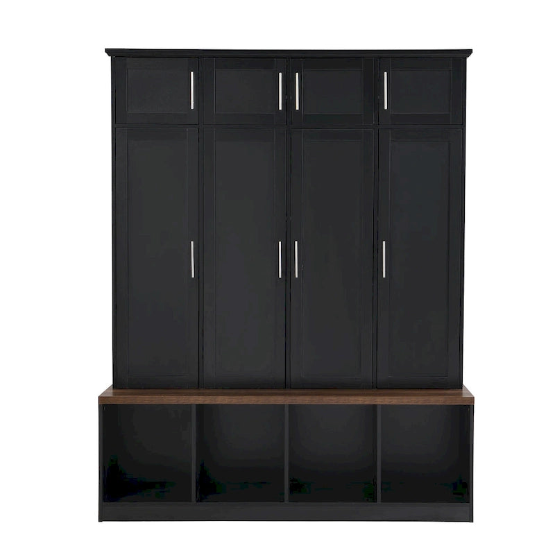 Hall Tree Storage Cabinet with 4/6 Hidden Hooks, Bench, and Open Compartments