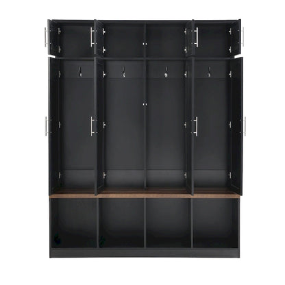 Hall Tree Storage Cabinet with 4/6 Hidden Hooks, Bench, and Open Compartments