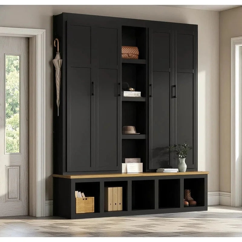 Hall Tree Storage Cabinet with 4/6 Hidden Hooks, Bench, and Open Compartments