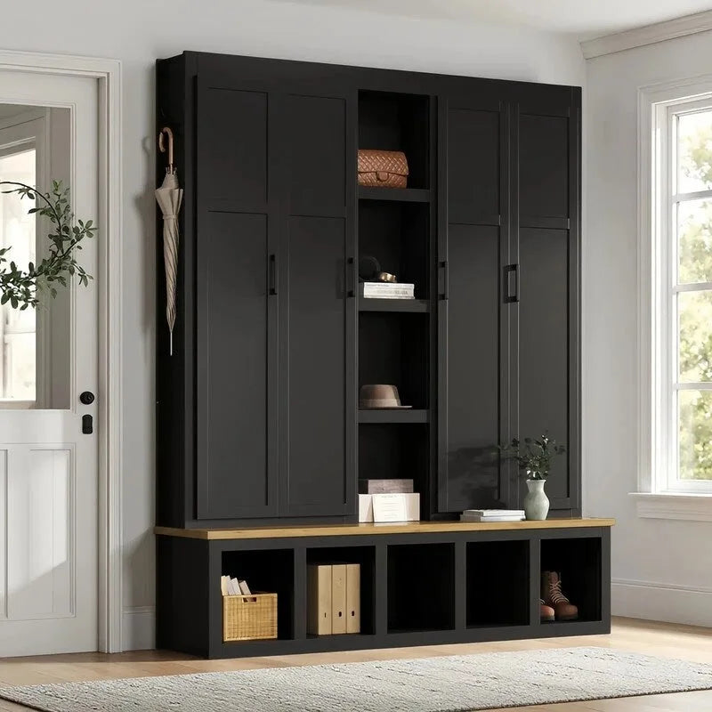 Hall Tree Storage Cabinet with 4/6 Hidden Hooks, Bench, and Open Compartments